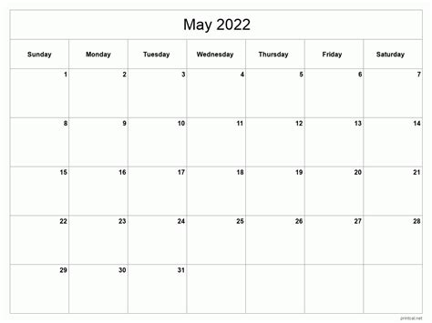 Printable Blank May 2022 Calendar